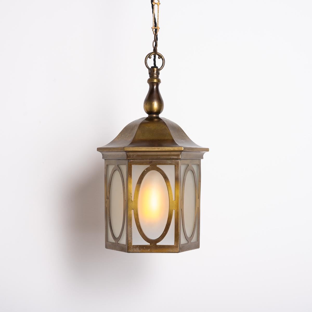 Antique Decorative Hexagonal Brass & Frosted Glass Hall Lantern by GEC For Sale 3