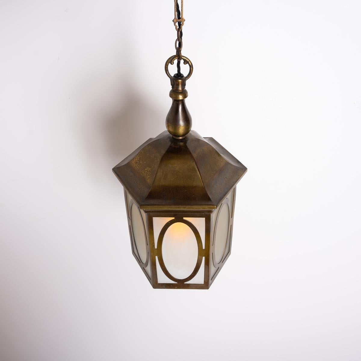 Antique Decorative Hexagonal Brass & Frosted Glass Hall Lantern by GEC For Sale 9