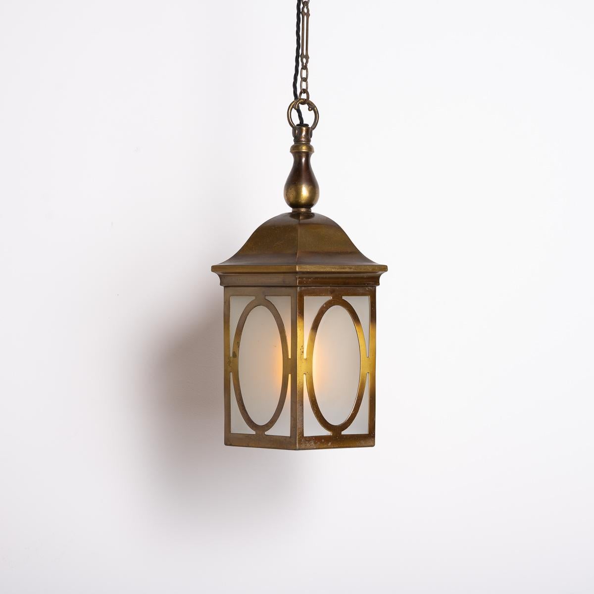 Art Deco Antique Decorative Hexagonal Brass & Frosted Glass Hall Lantern by GEC For Sale