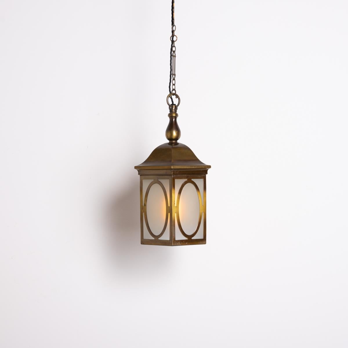Hand-Crafted Antique Decorative Hexagonal Brass & Frosted Glass Hall Lantern by GEC For Sale