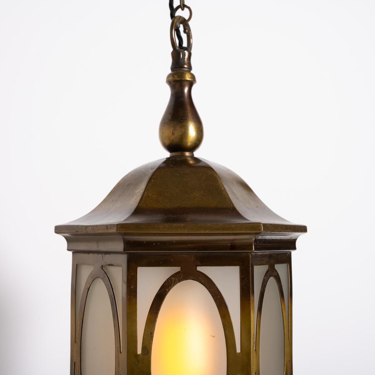 Antique Decorative Hexagonal Brass & Frosted Glass Hall Lantern by GEC For Sale 1