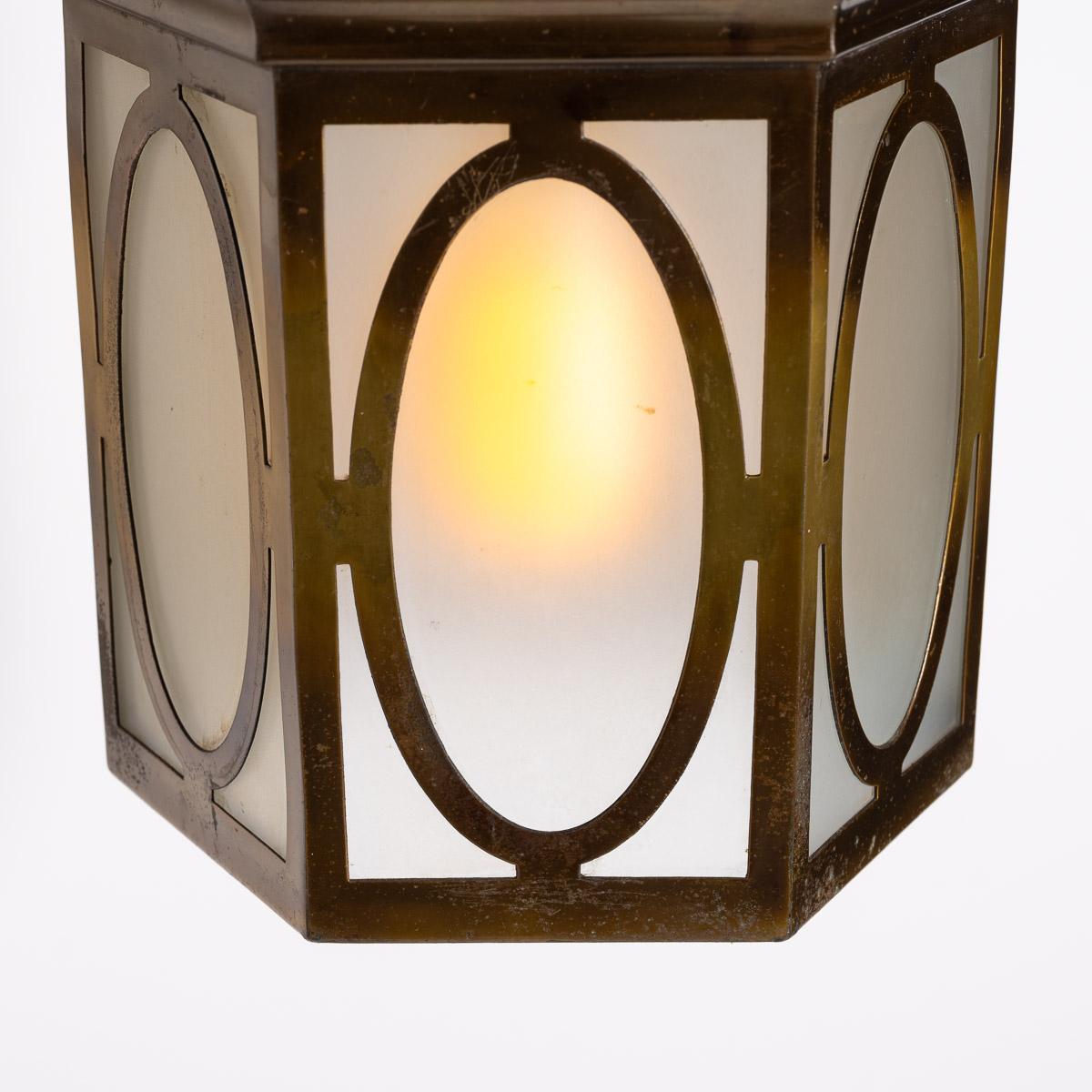 Antique Decorative Hexagonal Brass & Frosted Glass Hall Lantern by GEC For Sale 2