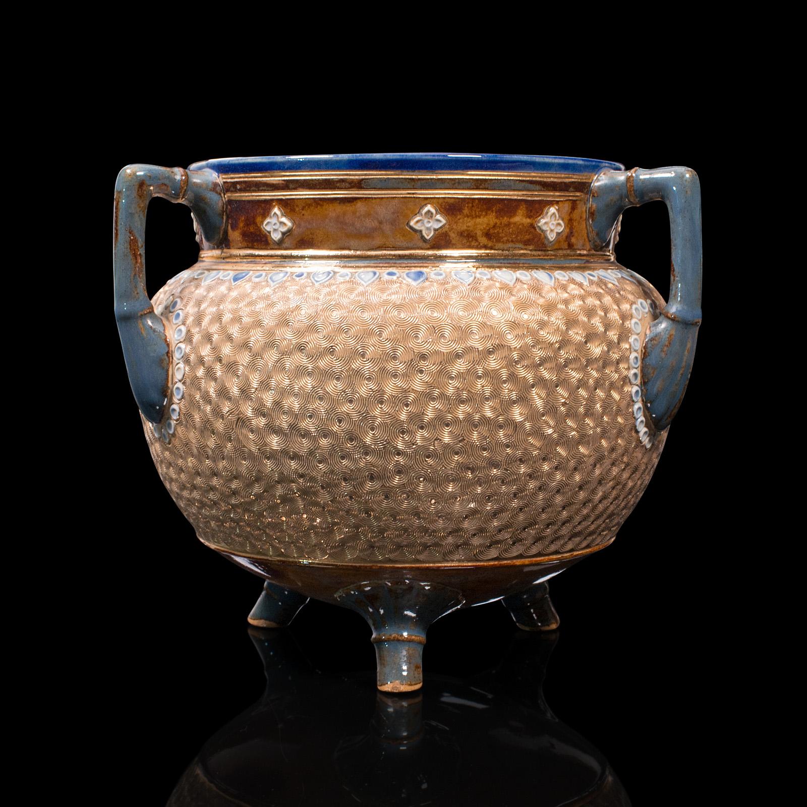 This is an antique decorative jardiniere pot. An English, ceramic cauldron form planter, dating to the Edwardian period, circa 1910.

Dashing gilt pattern and unusual forms catch the eye
Displays a desirable aged patina, in good order