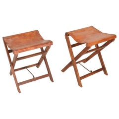 Antique Decorative Leather and Mahogany Folding Wood Stools