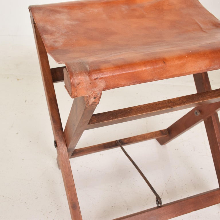 Antique Decorative Leather and Mahogany Folding Wood Stools at 1stDibs