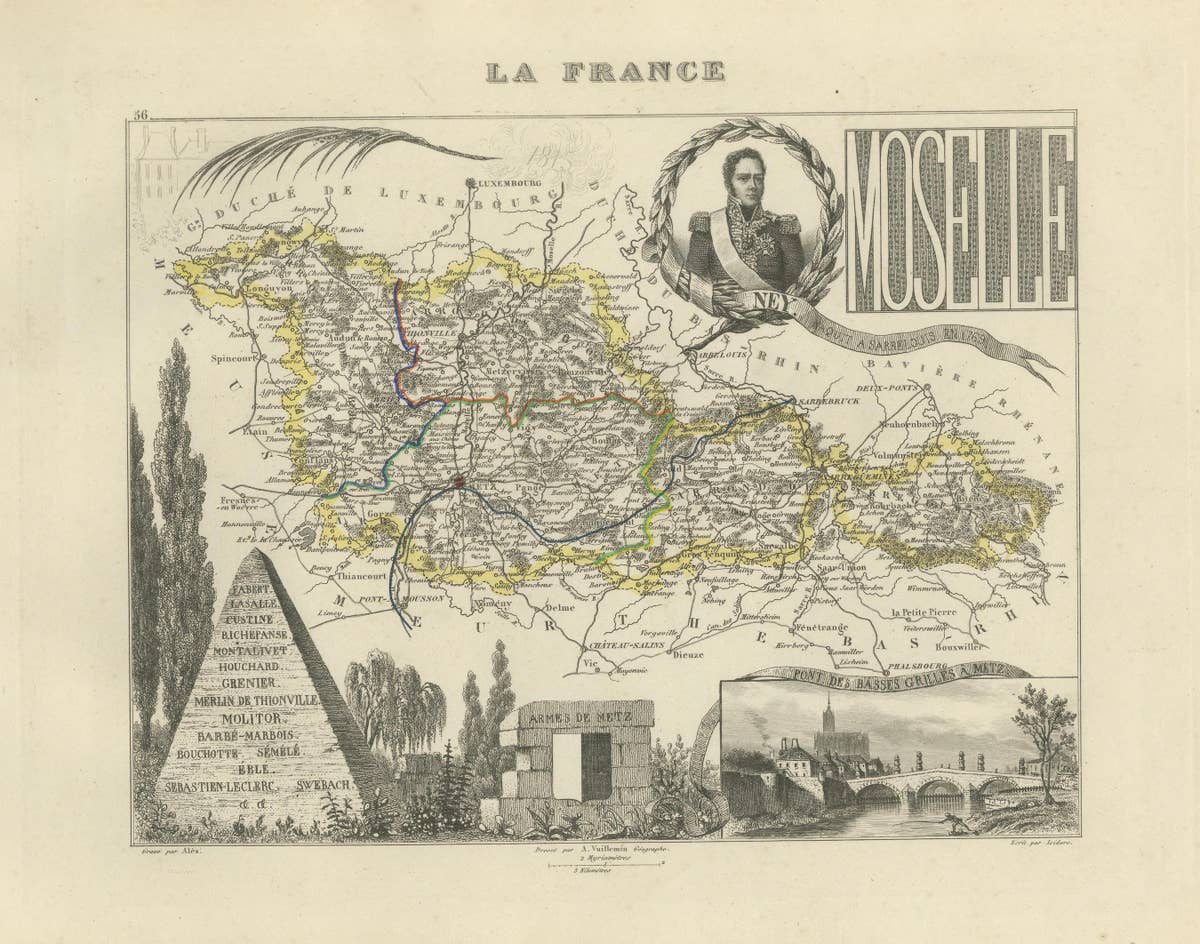Antique Decorative Map of Moselle, France by Vuillemin, circa 1850