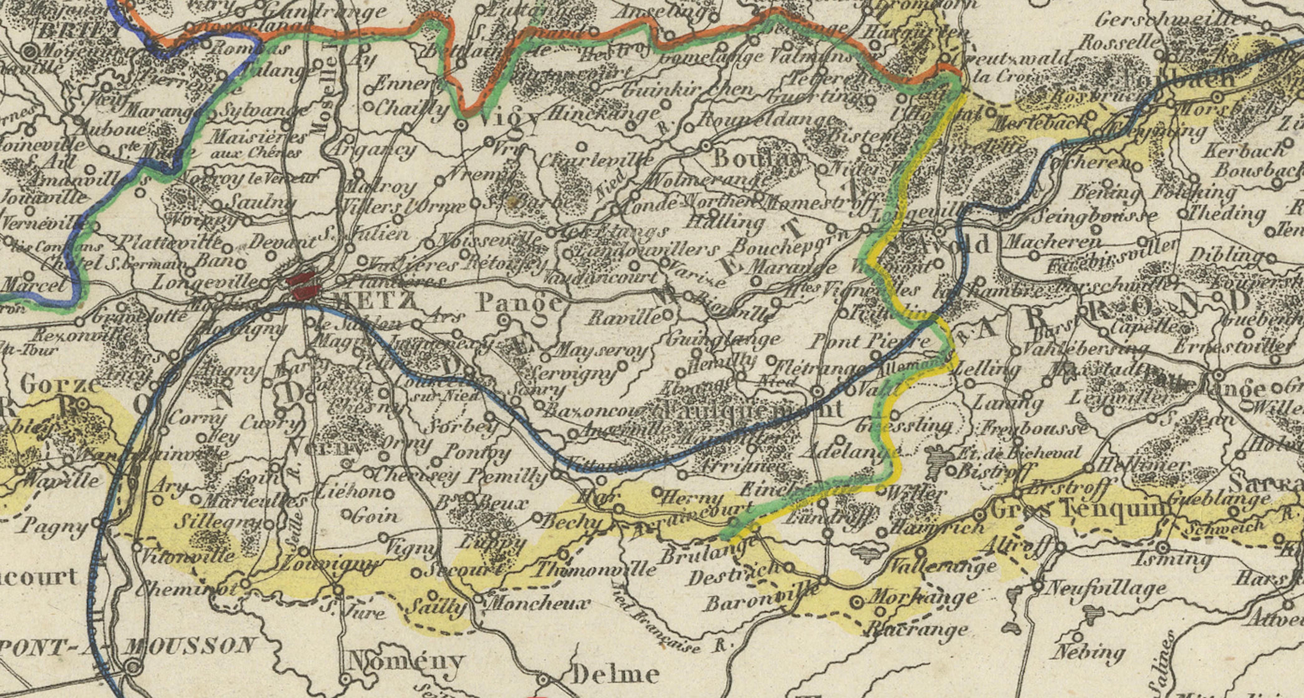 Antique Decorative Map of Moselle, France by Vuillemin, circa 1850