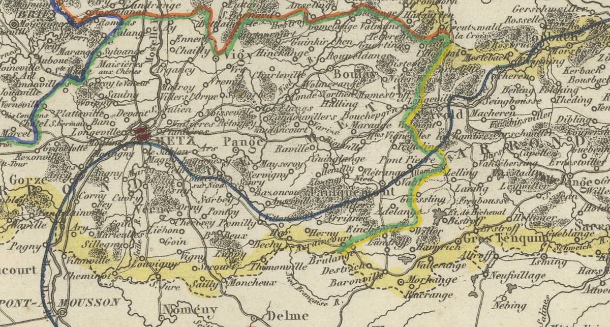 Antique Decorative Map of Moselle, France by Vuillemin, circa 1850