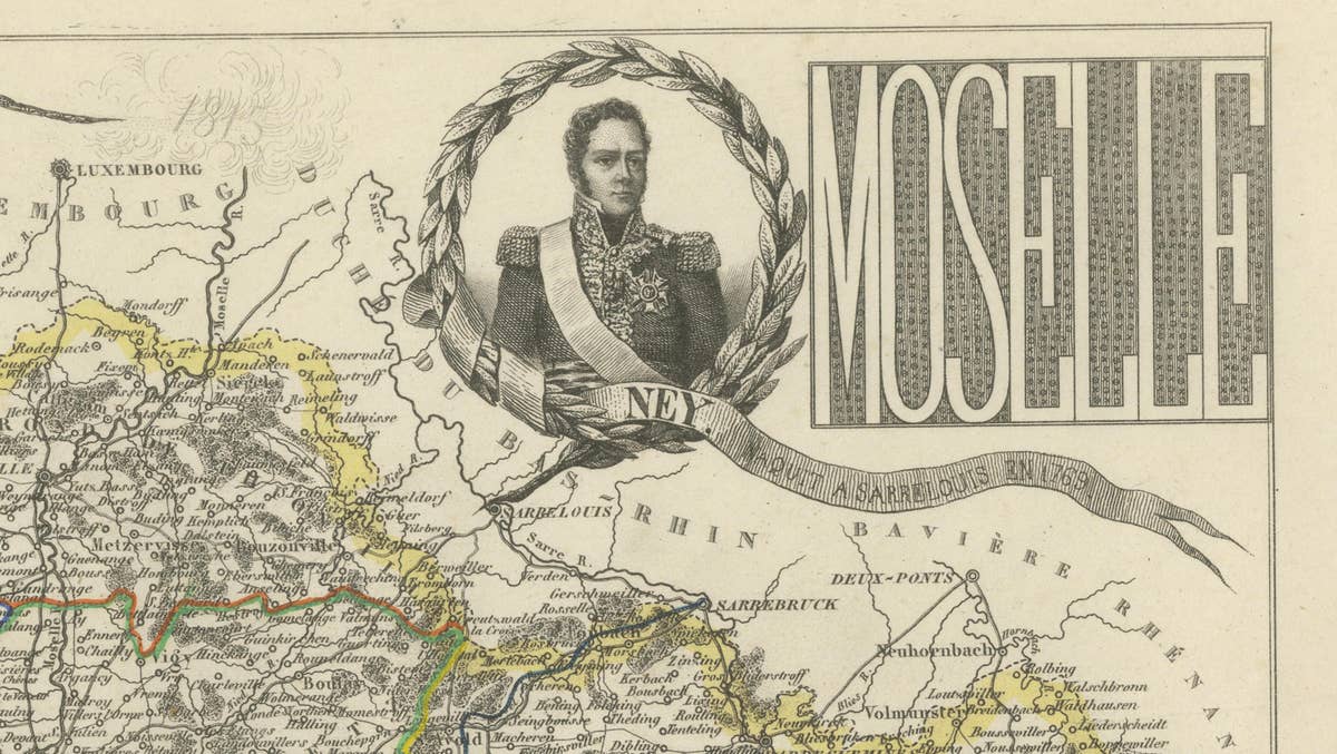 Antique Decorative Map of Moselle, France by Vuillemin, circa 1850