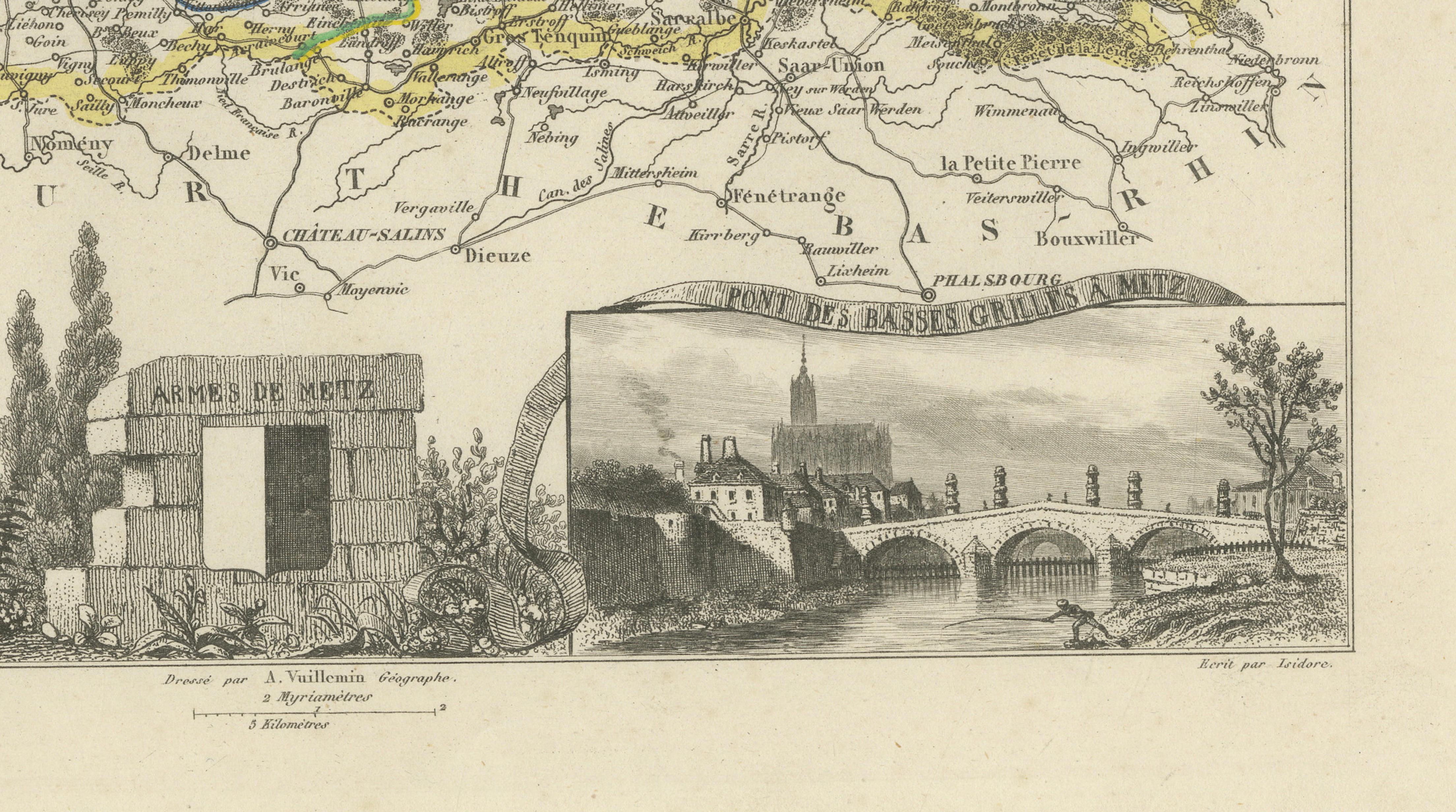 Antique Decorative Map of Moselle, France by Vuillemin, circa 1850