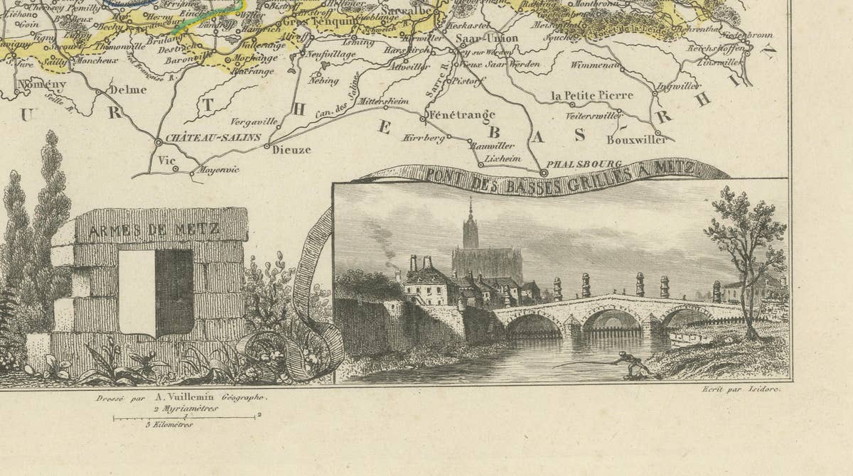 Antique Decorative Map of Moselle, France by Vuillemin, circa 1850