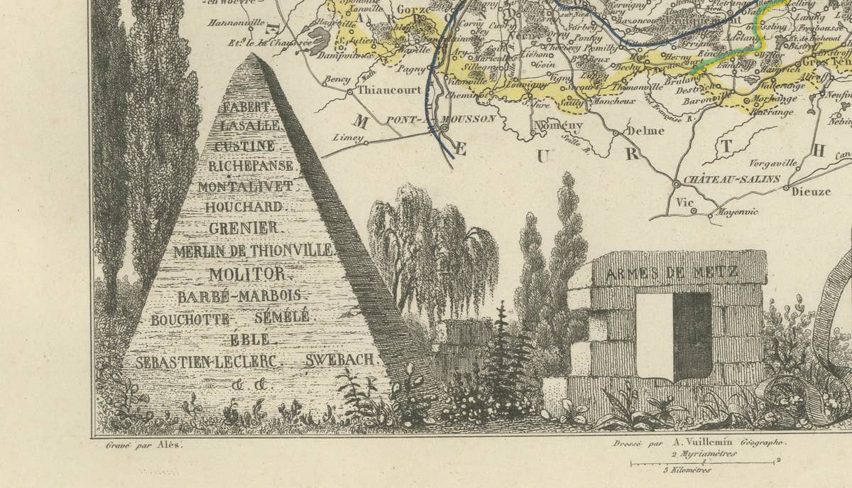 Antique Decorative Map of Moselle, France by Vuillemin, circa 1850