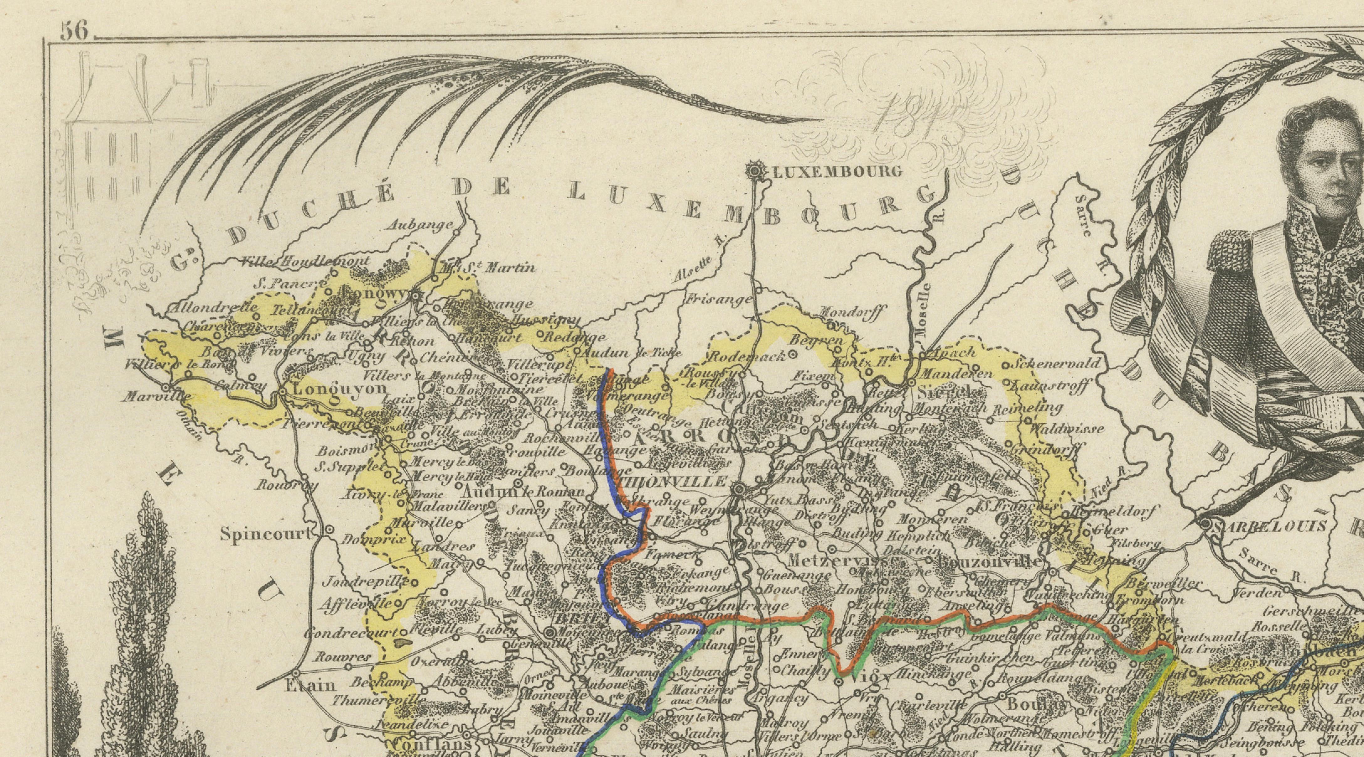Antique Decorative Map of Moselle, France by Vuillemin, circa 1850
