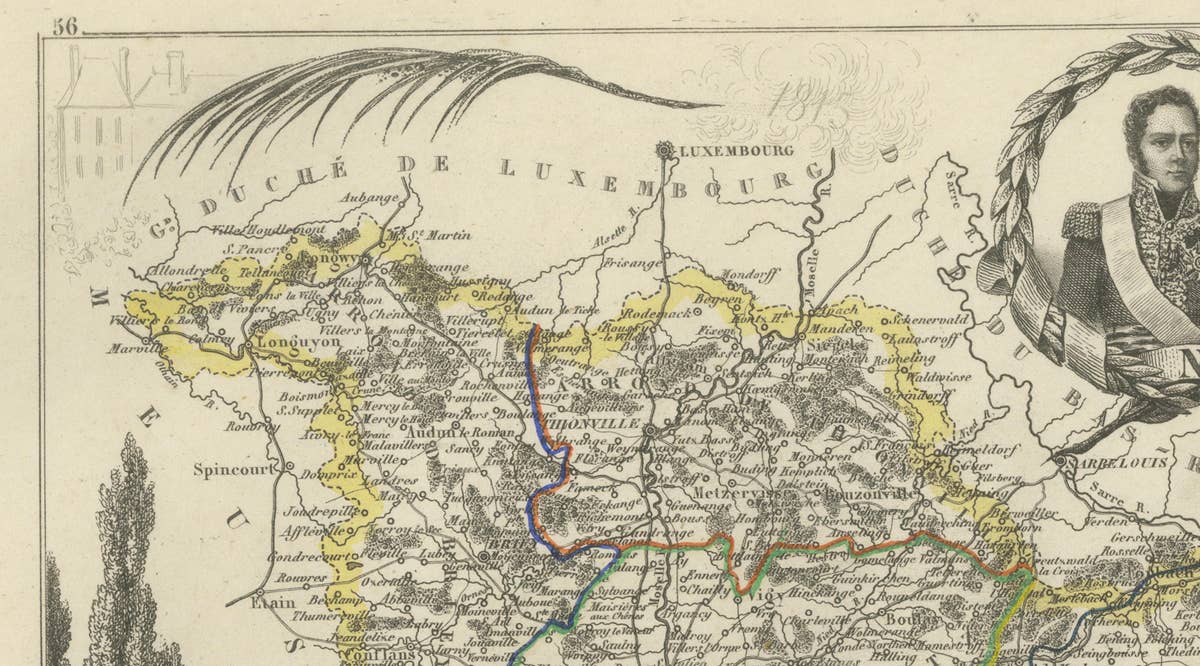 Antique Decorative Map of Moselle, France by Vuillemin, circa 1850