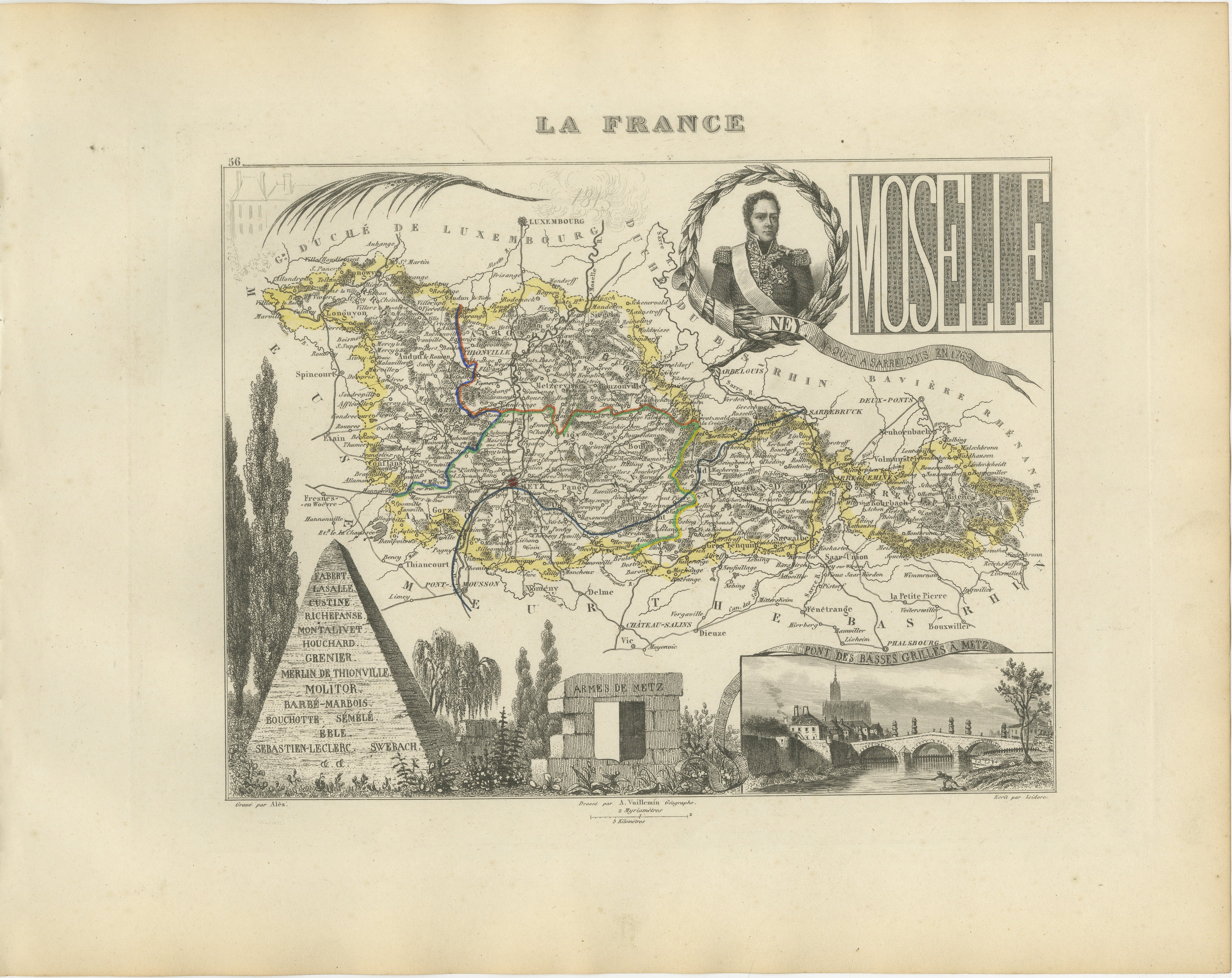 Antique Decorative Map of Moselle, France by Vuillemin, circa 1850