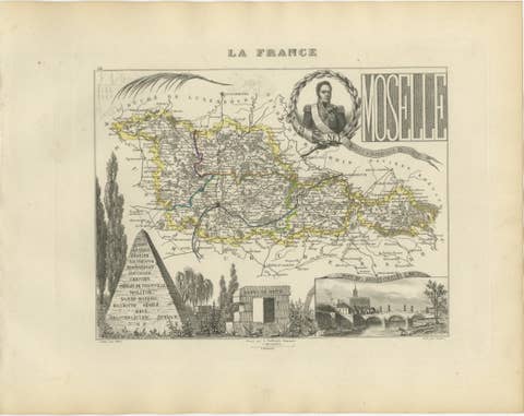 Antique Decorative Map of Moselle, France by Vuillemin, circa 1850