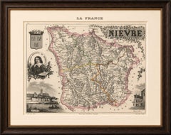 Antique Decorative Map of Nièvre, France by Vuillemin, circa 1850