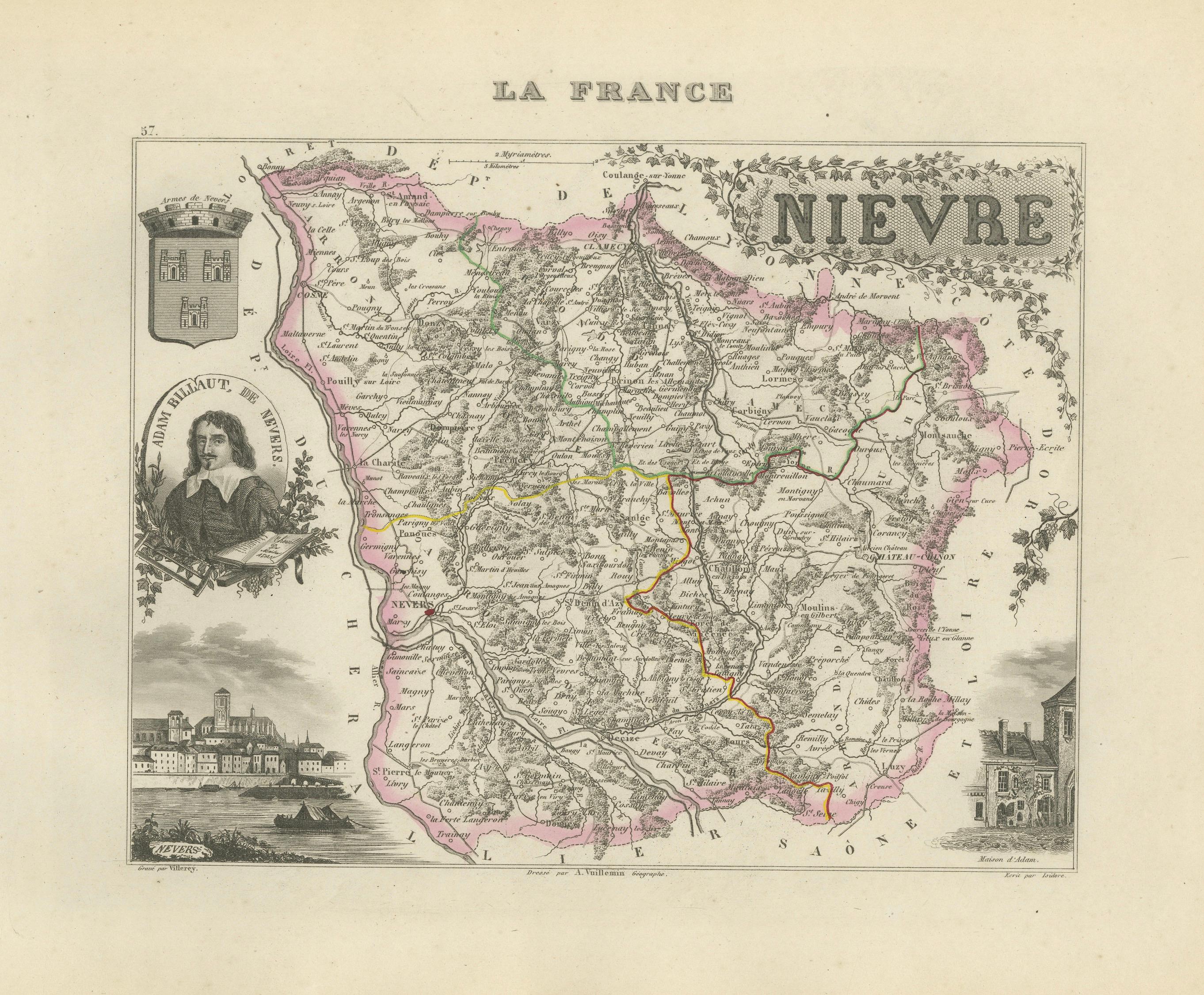 Antique Decorative Map of Nièvre, France by Vuillemin, circa 1850