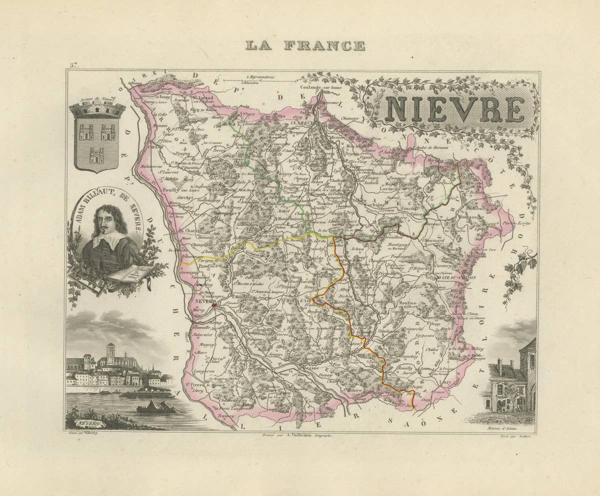 Antique Decorative Map of Nièvre, France by Vuillemin, circa 1850