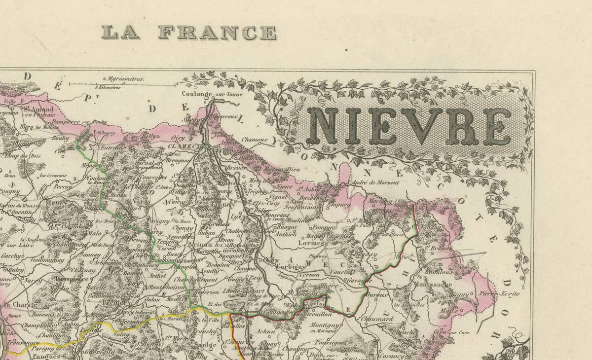 Antique Decorative Map of Nièvre, France by Vuillemin, circa 1850