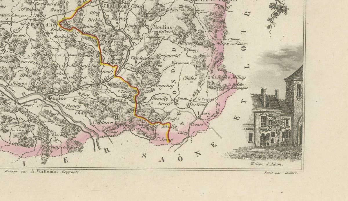 Antique Decorative Map of Nièvre, France by Vuillemin, circa 1850