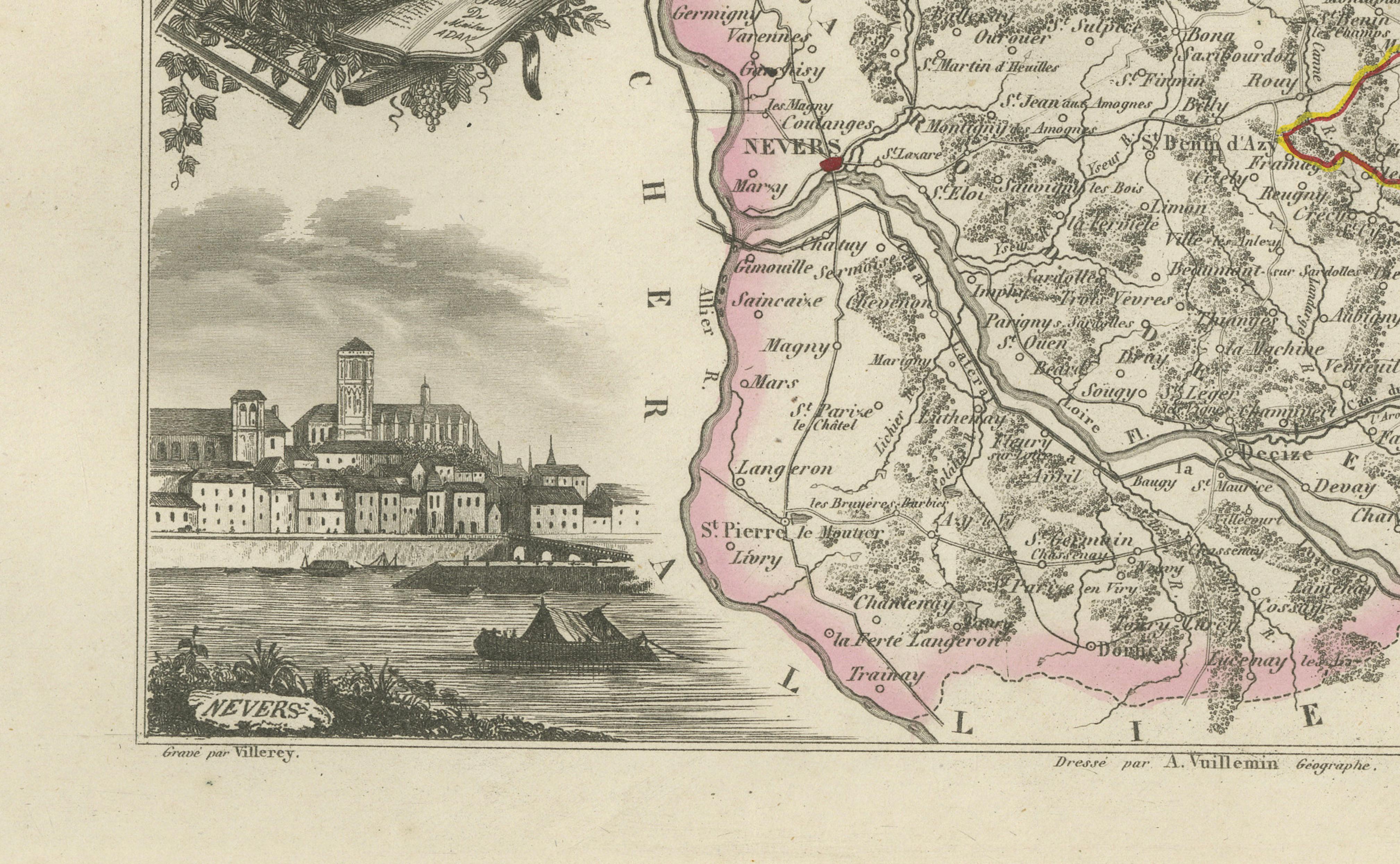 Antique Decorative Map of Nièvre, France by Vuillemin, circa 1850