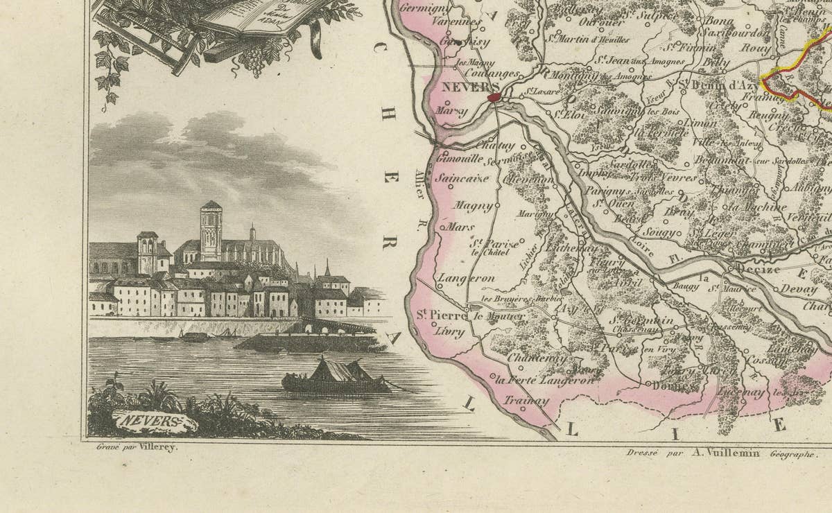 Antique Decorative Map of Nièvre, France by Vuillemin, circa 1850
