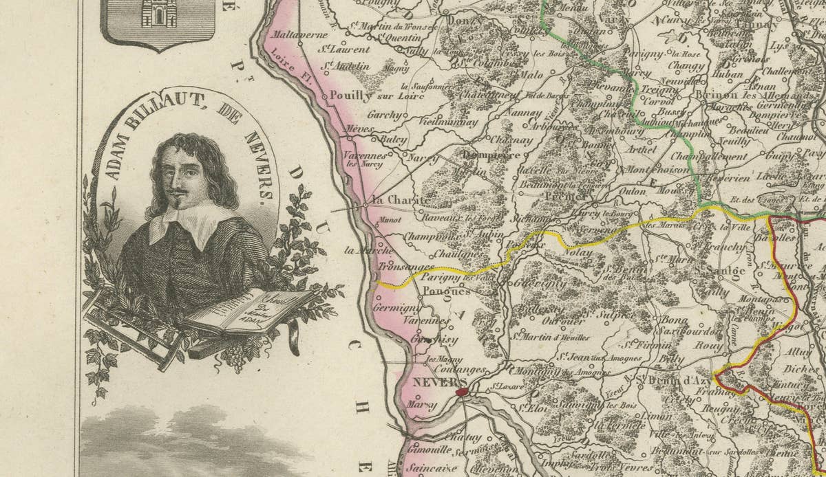 Antique Decorative Map of Nièvre, France by Vuillemin, circa 1850