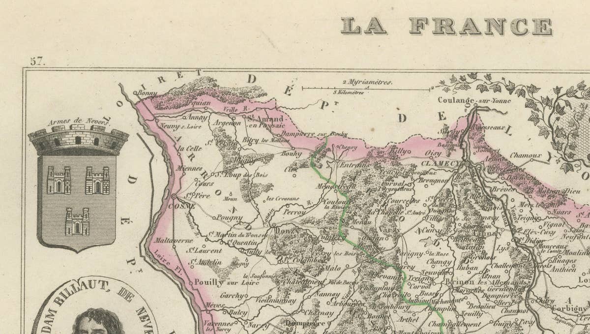 Antique Decorative Map of Nièvre, France by Vuillemin, circa 1850