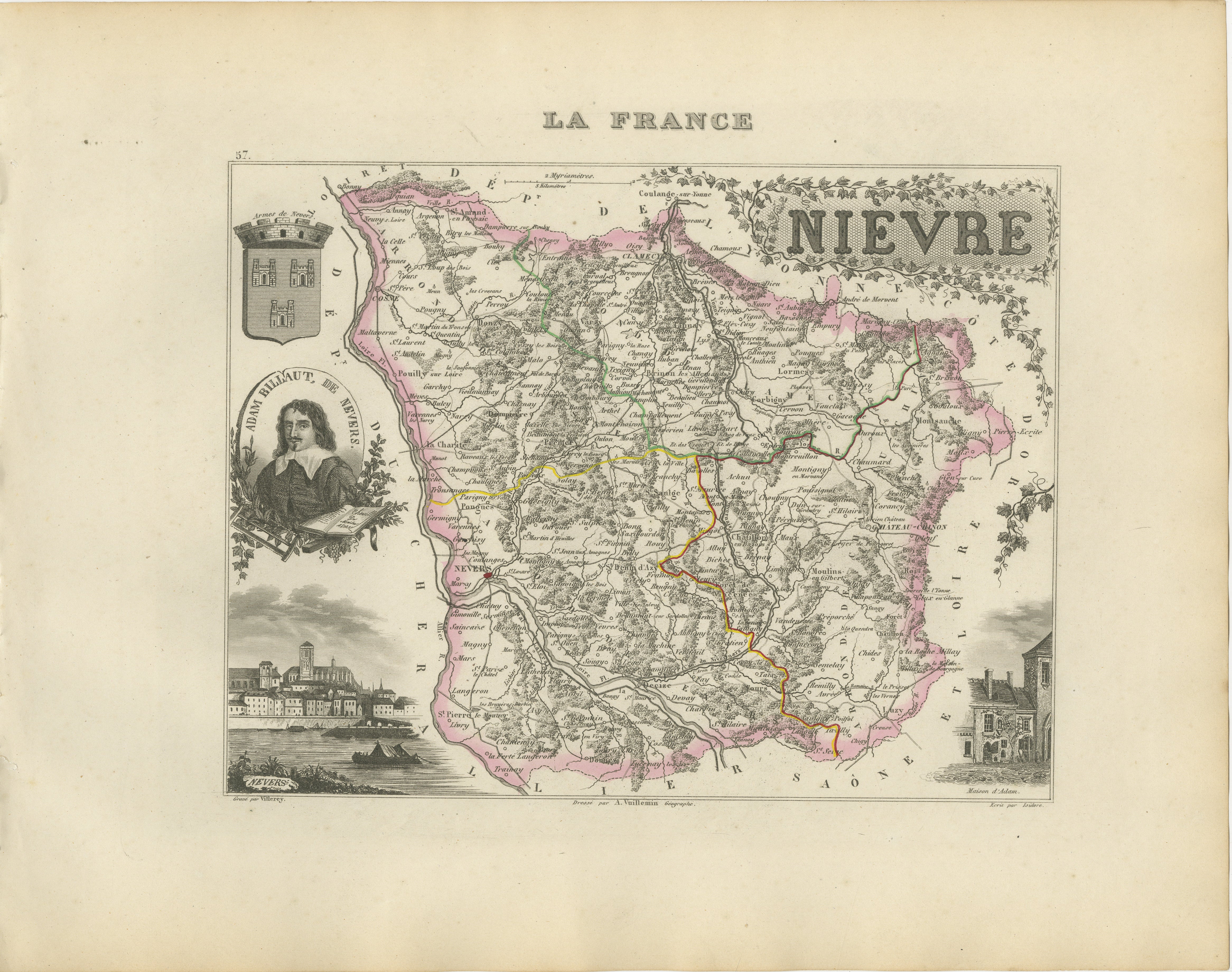 Antique Decorative Map of Nièvre, France by Vuillemin, circa 1850