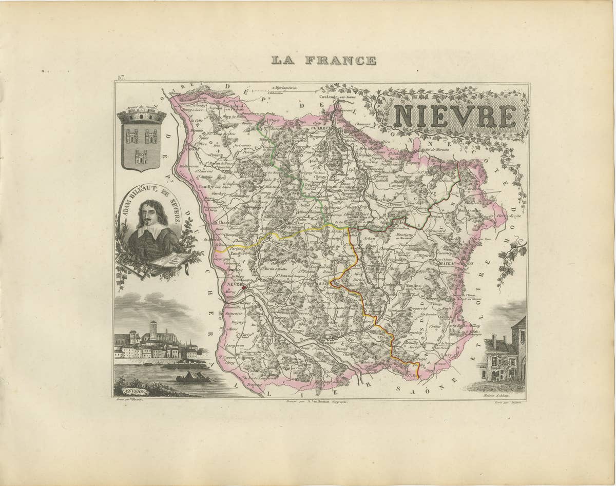Antique Decorative Map of Nièvre, France by Vuillemin, circa 1850