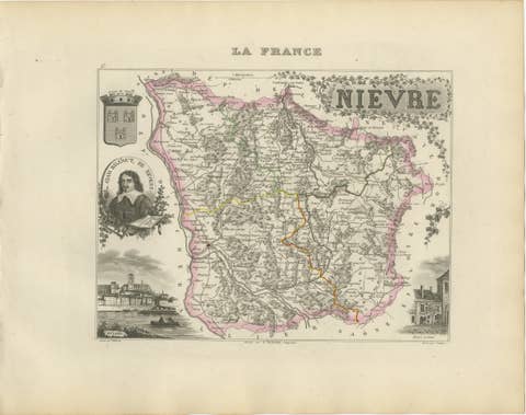 Antique Decorative Map of Nièvre, France by Vuillemin, circa 1850