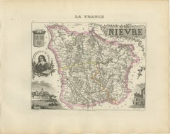 Antique Decorative Map of Nièvre, France by Vuillemin, circa 1850
