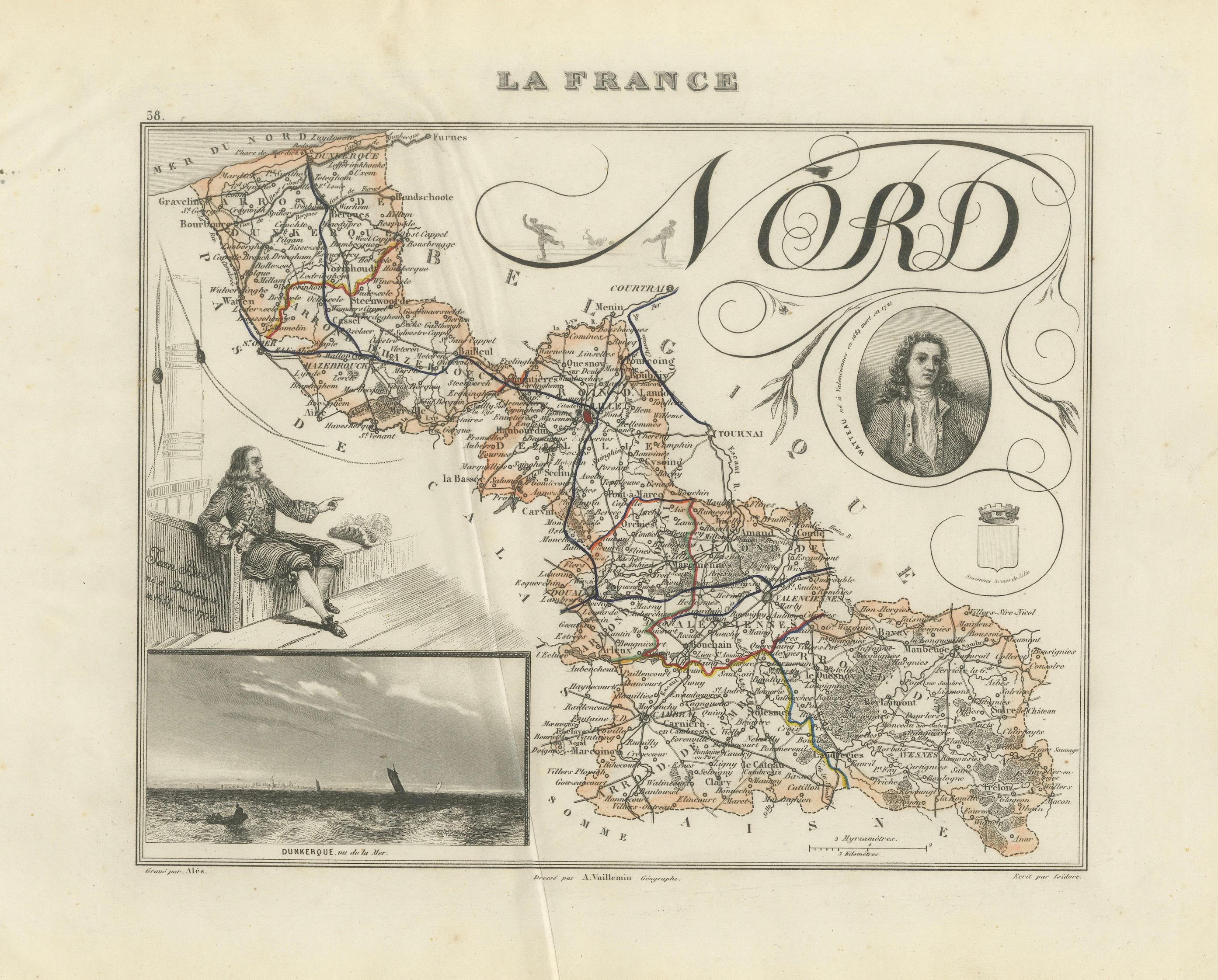 Antique Decorative Map of Nord, France by Vuillemin, circa 1850