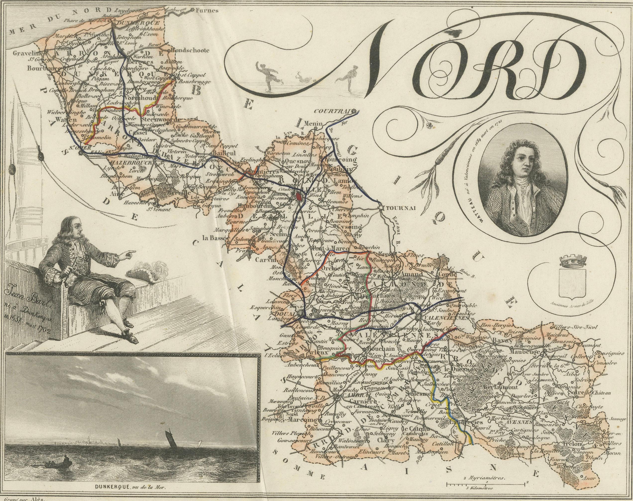 Antique Decorative Map of Nord, France by Vuillemin, circa 1850
