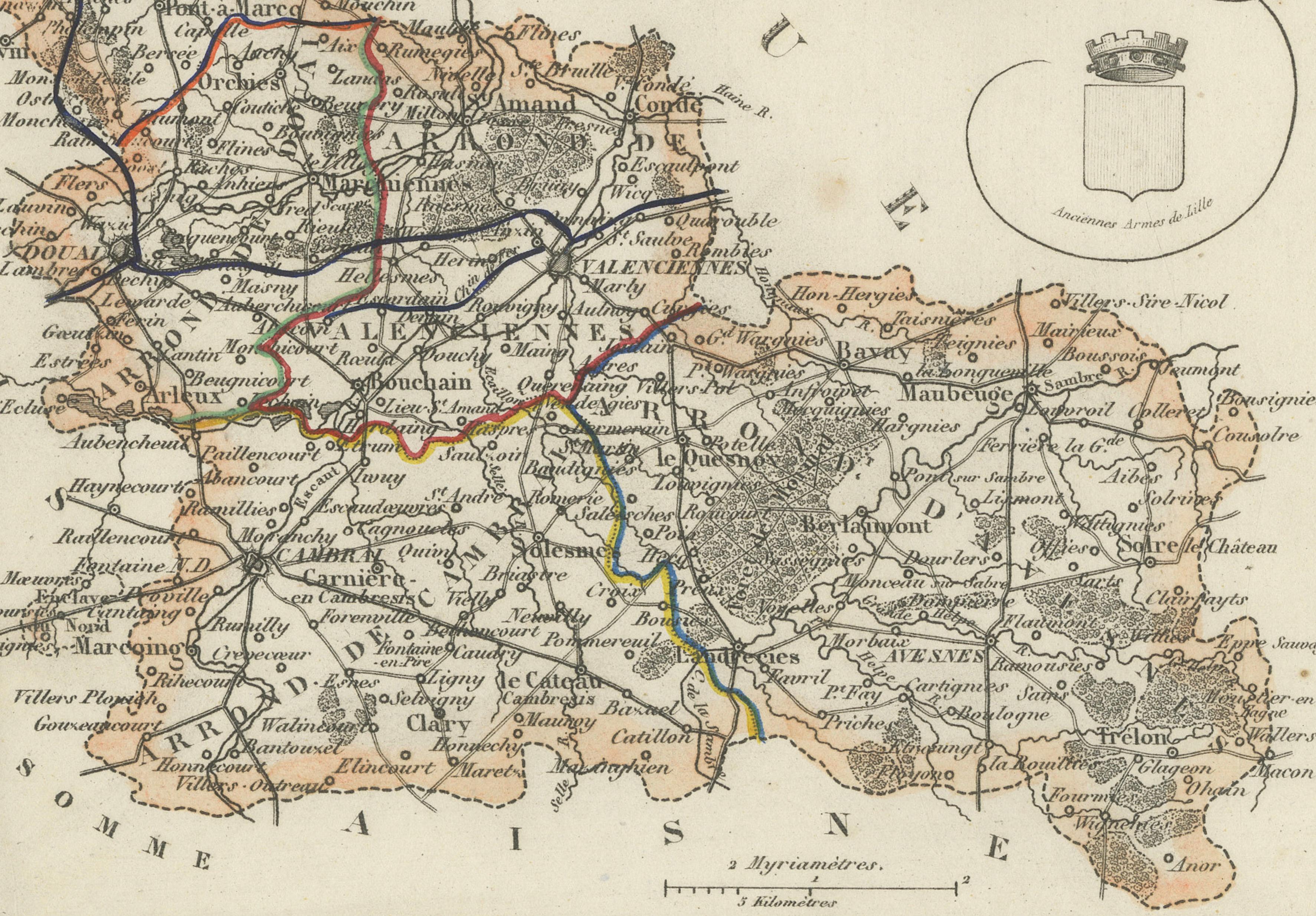Antique Decorative Map of Nord, France by Vuillemin, circa 1850