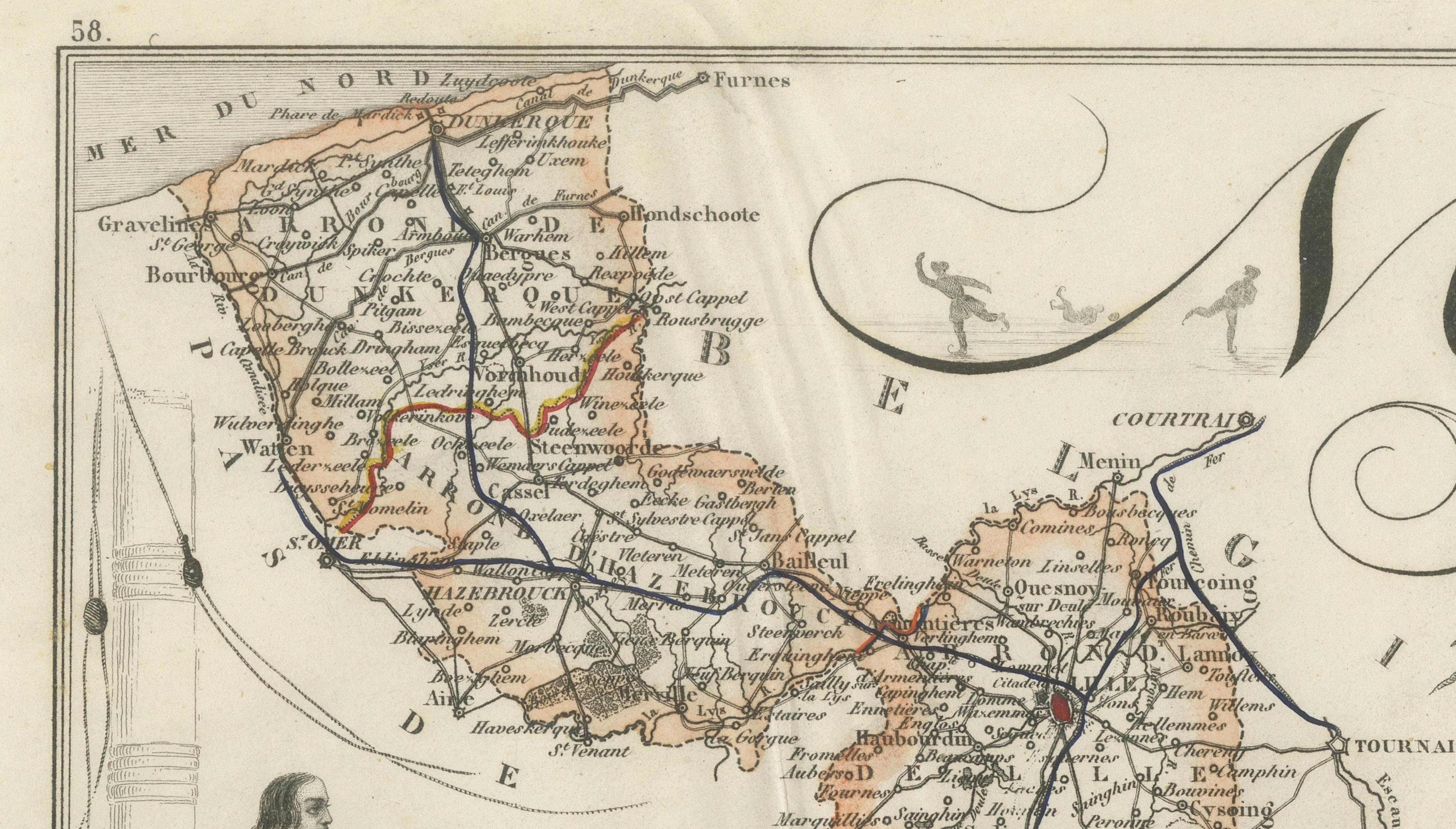 Antique Decorative Map of Nord, France by Vuillemin, circa 1850