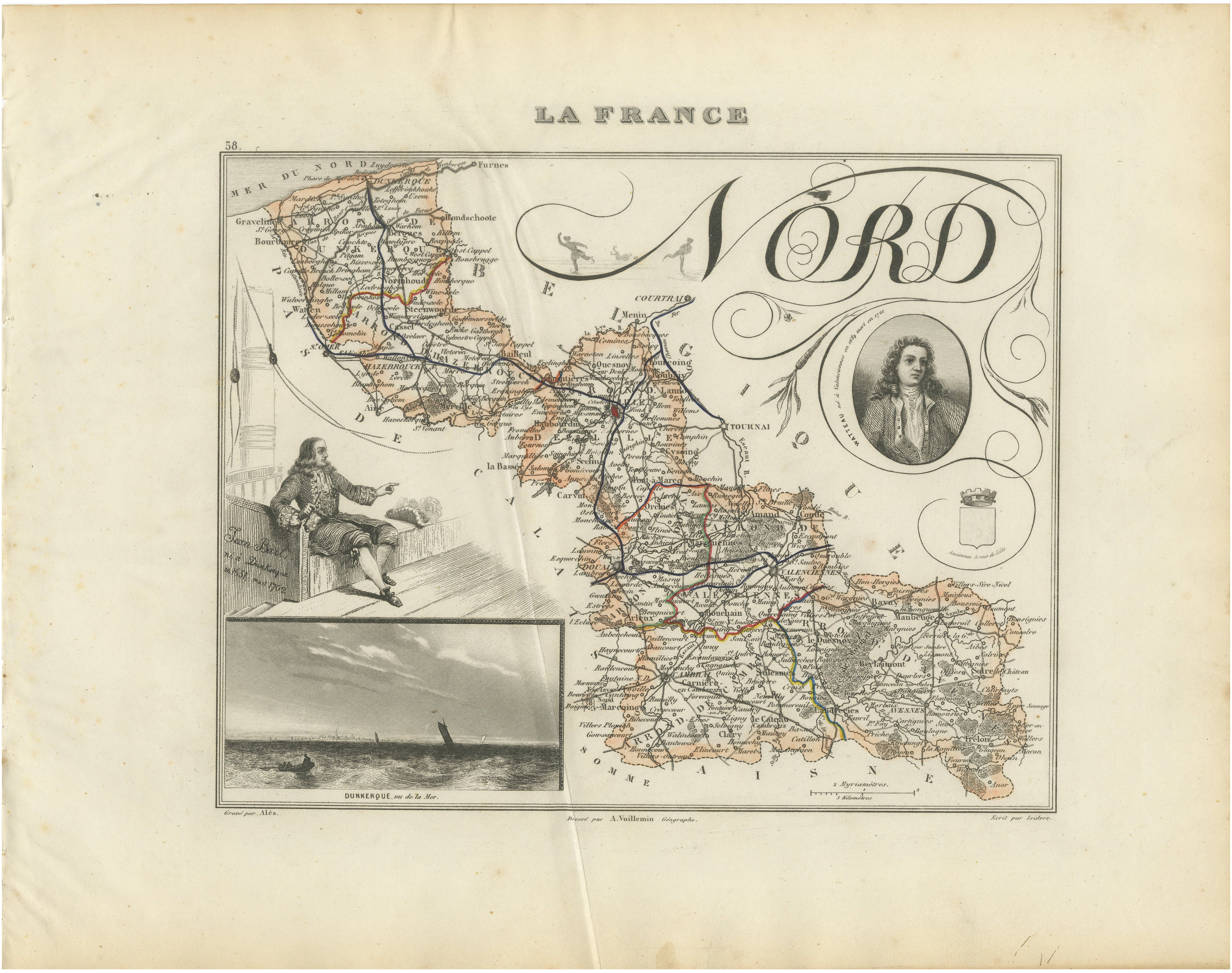Antique Decorative Map of Nord, France by Vuillemin, circa 1850