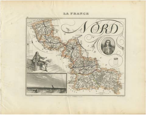 Antique Decorative Map of Nord, France by Vuillemin, circa 1850
