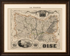 Antique Decorative Map of Oise, France by Vuillemin, circa 1850
