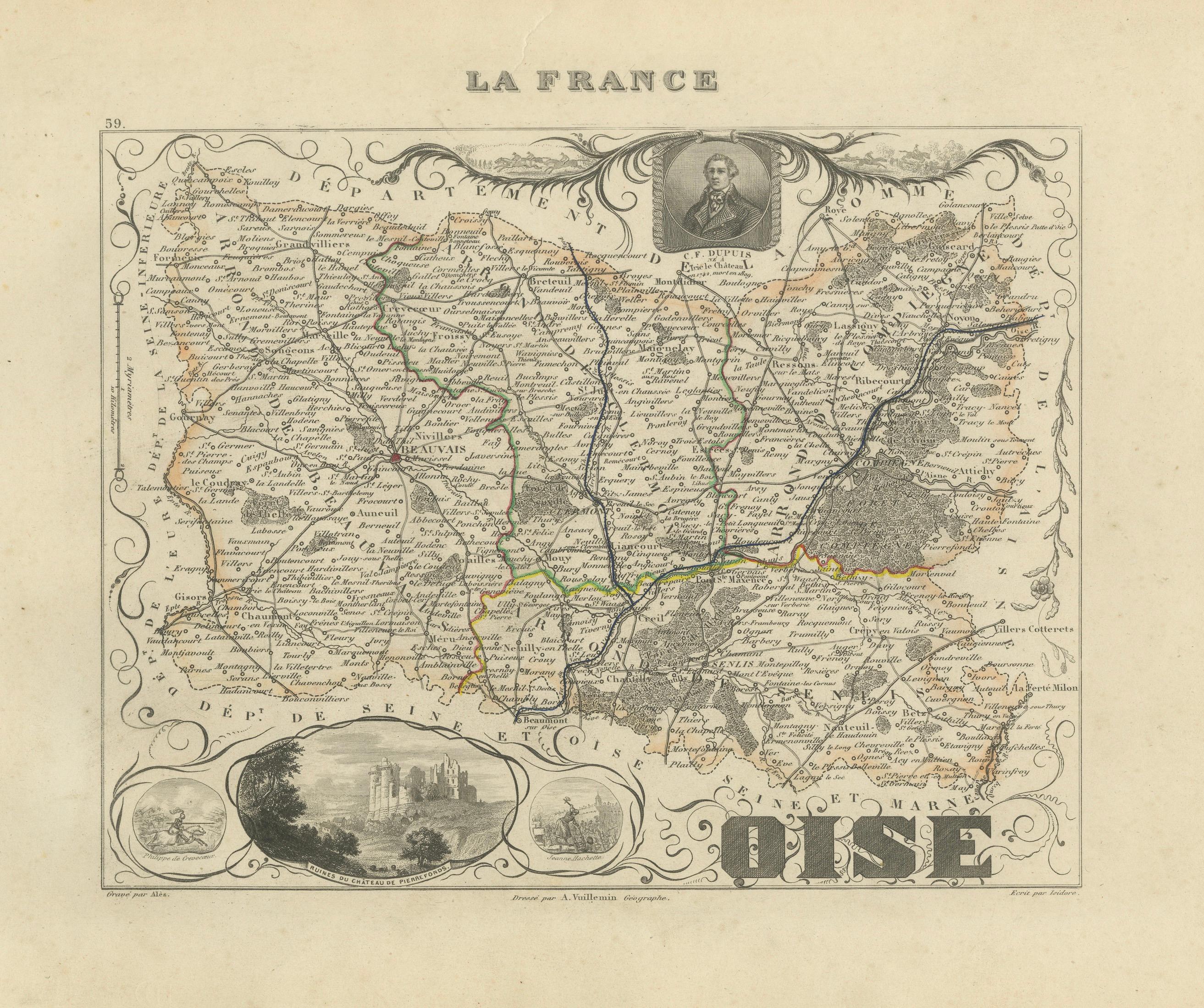 Antique Decorative Map of Oise, France by Vuillemin, circa 1850