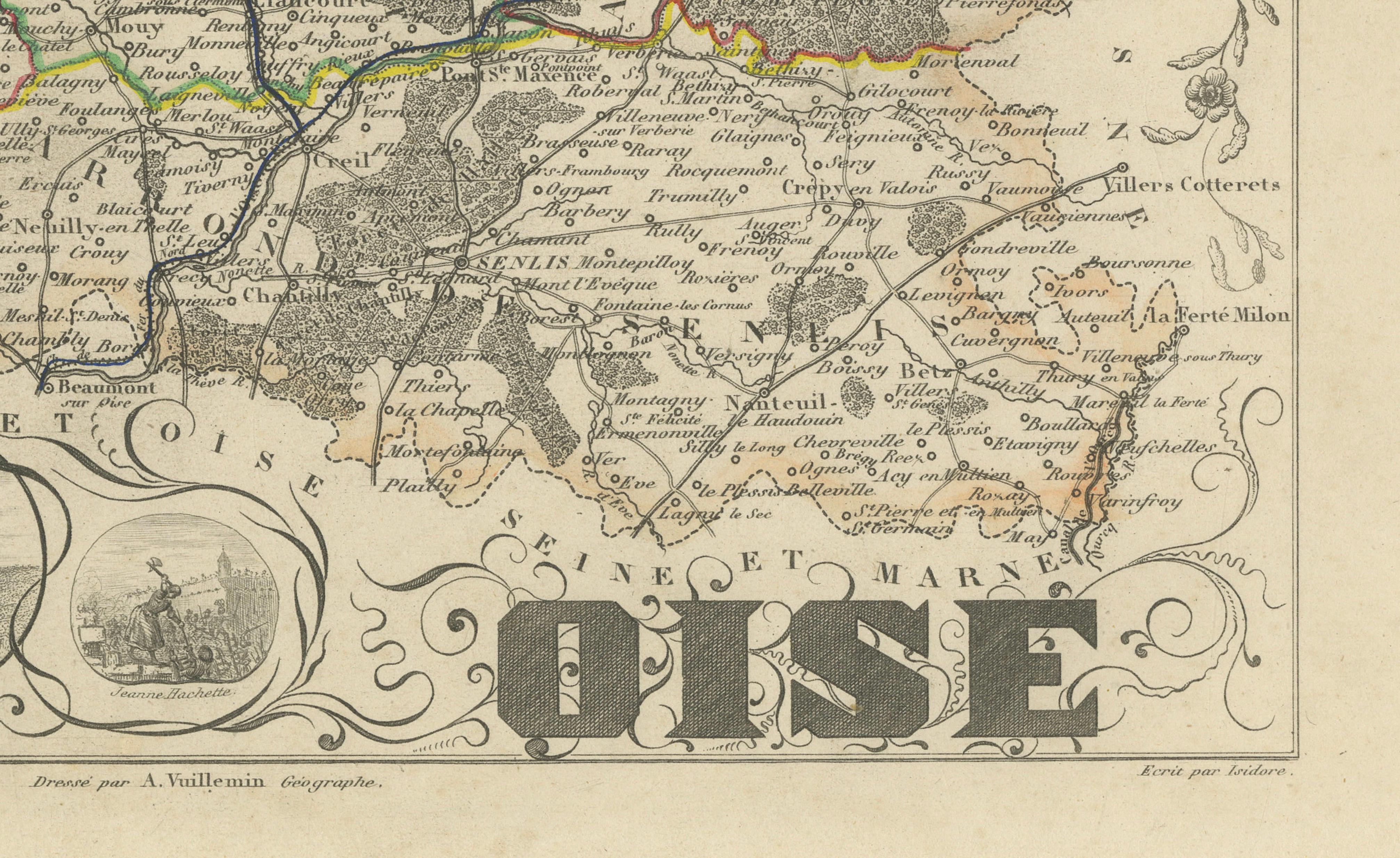 Antique Decorative Map of Oise, France by Vuillemin, circa 1850