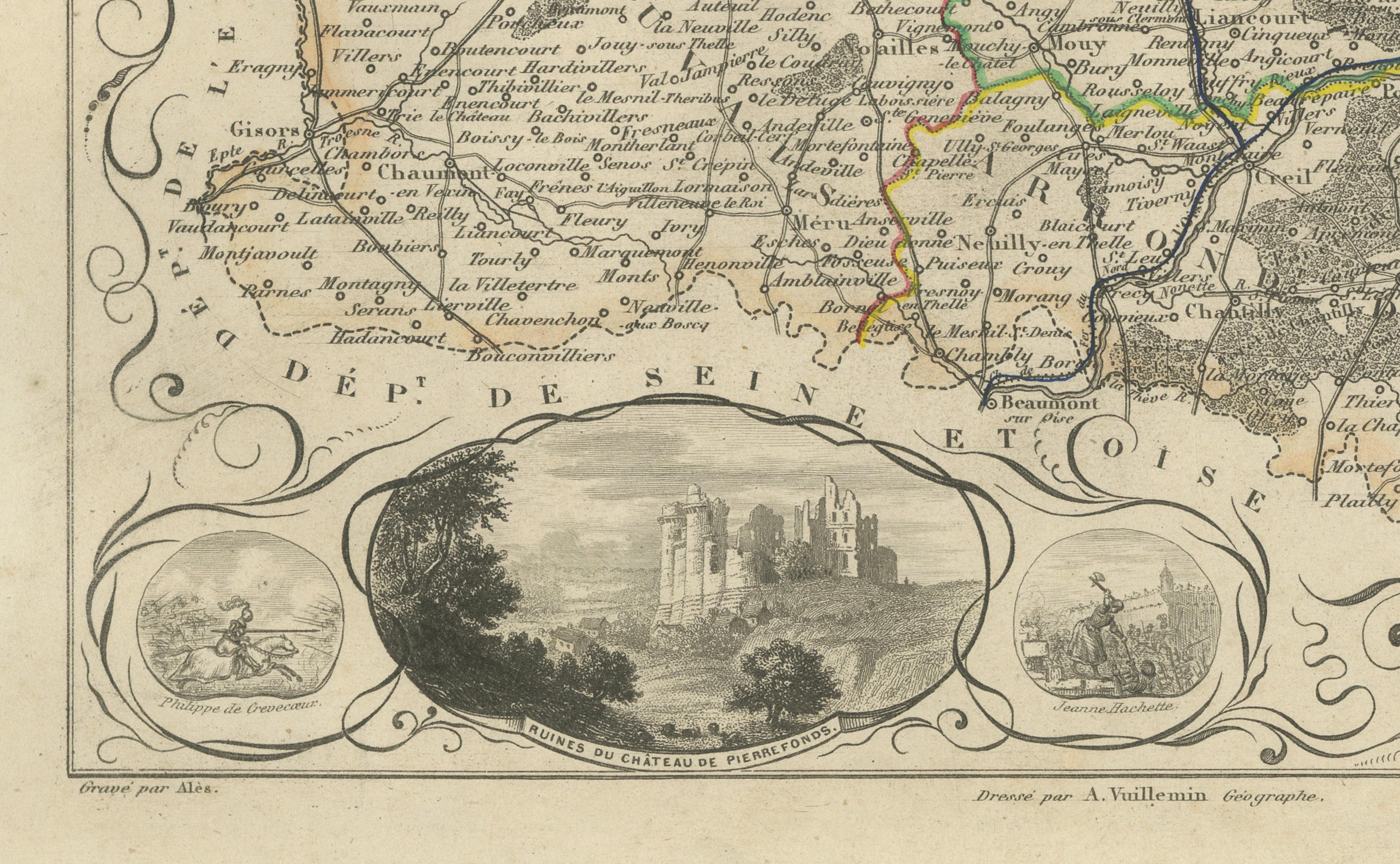 Antique Decorative Map of Oise, France by Vuillemin, circa 1850