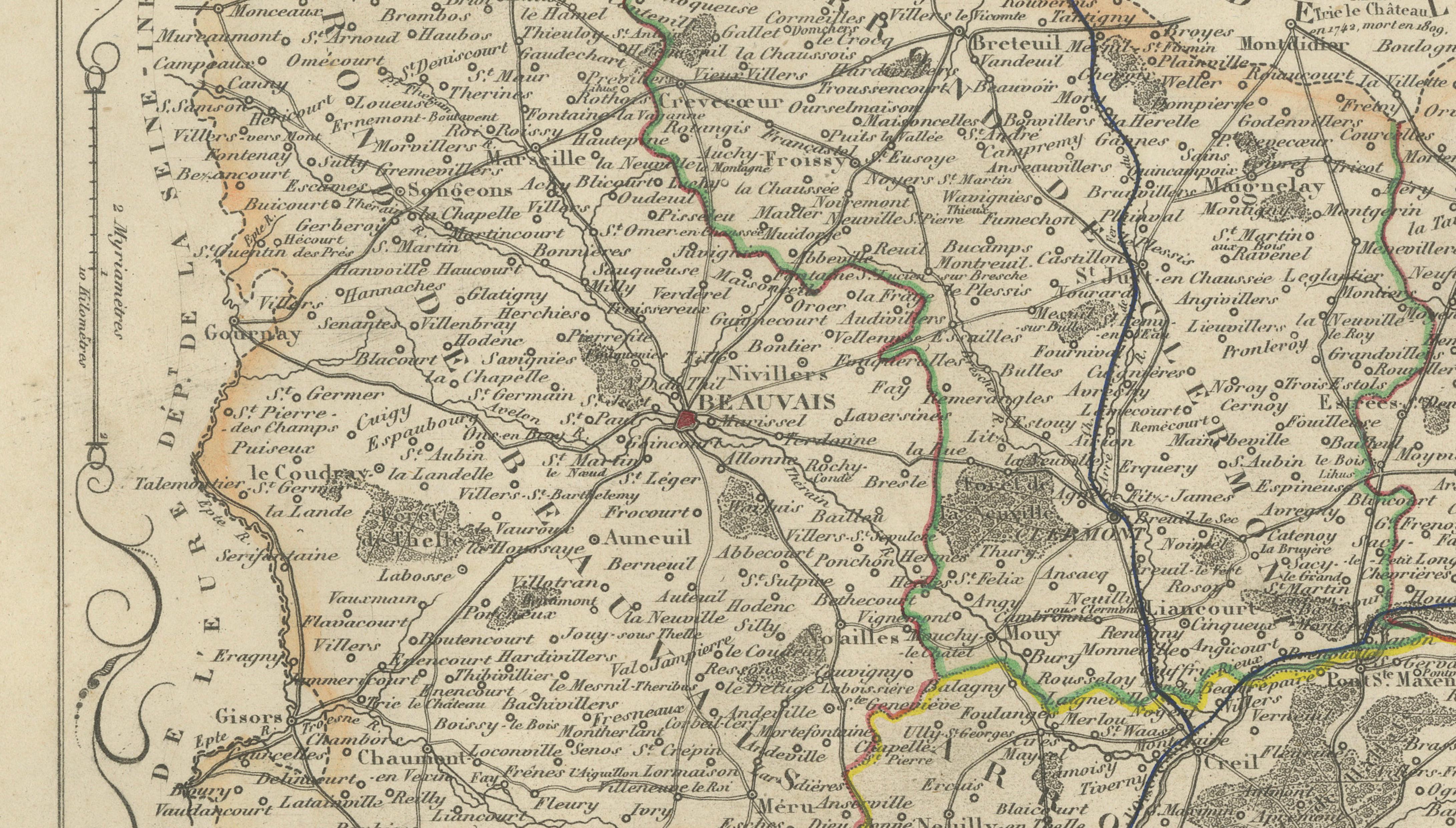 Antique Decorative Map of Oise, France by Vuillemin, circa 1850