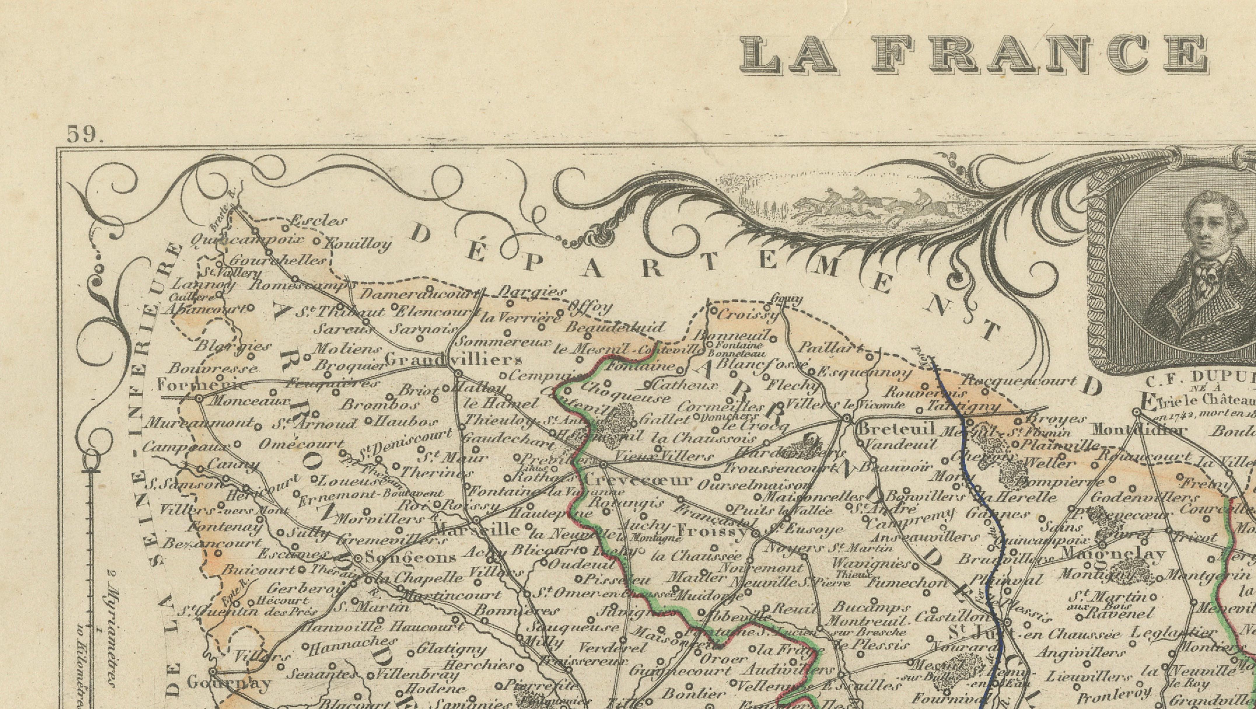 Antique Decorative Map of Oise, France by Vuillemin, circa 1850