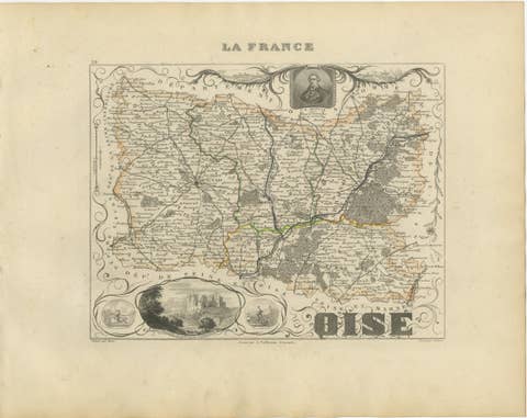 Antique Decorative Map of Oise, France by Vuillemin, circa 1850