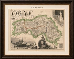Antique Decorative Map of Orne, Normandy by Vuillemin, circa 1850