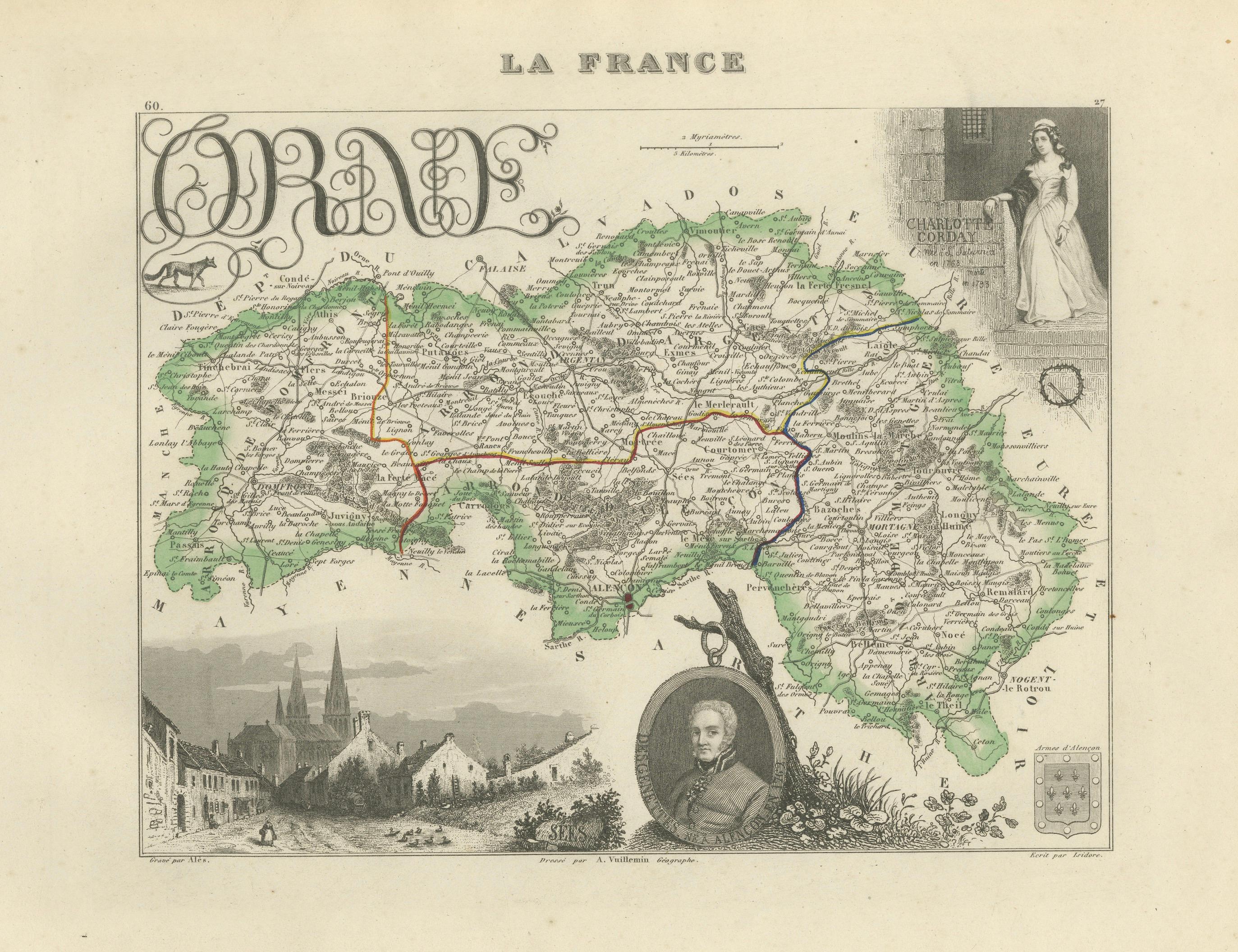 Antique Decorative Map of Orne, Normandy by Vuillemin, circa 1850