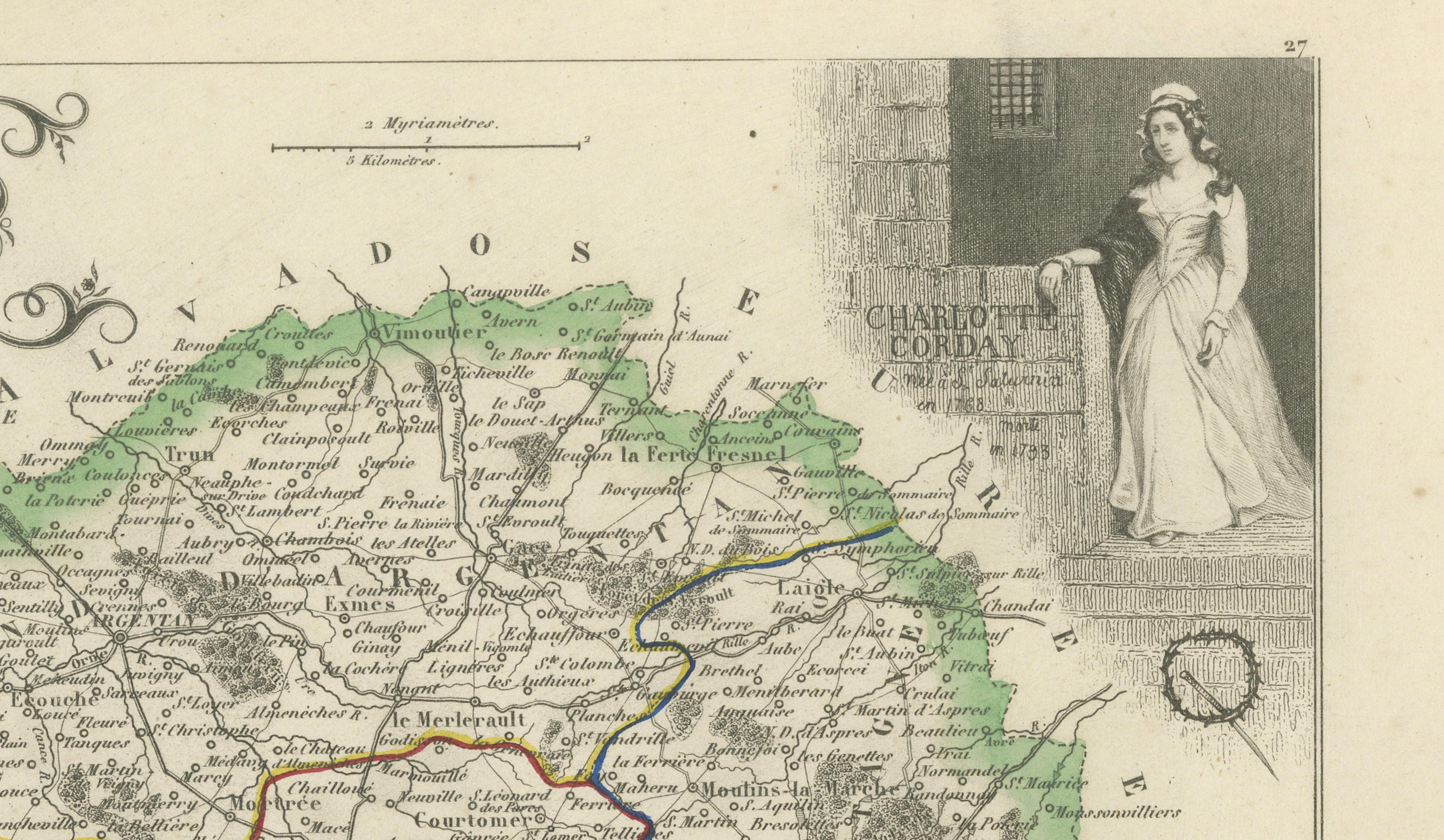 Antique Decorative Map of Orne, Normandy by Vuillemin, circa 1850