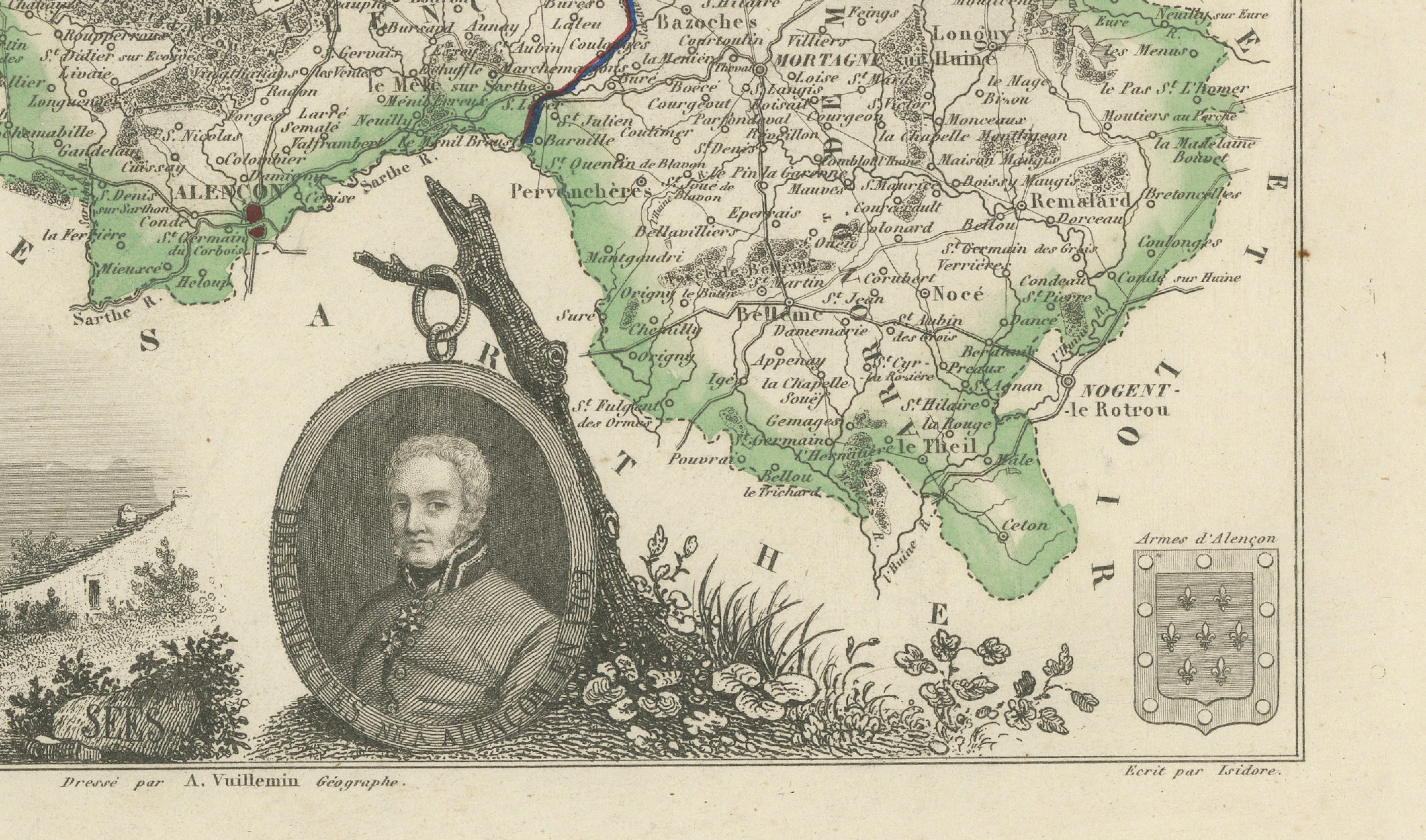 Antique Decorative Map of Orne, Normandy by Vuillemin, circa 1850